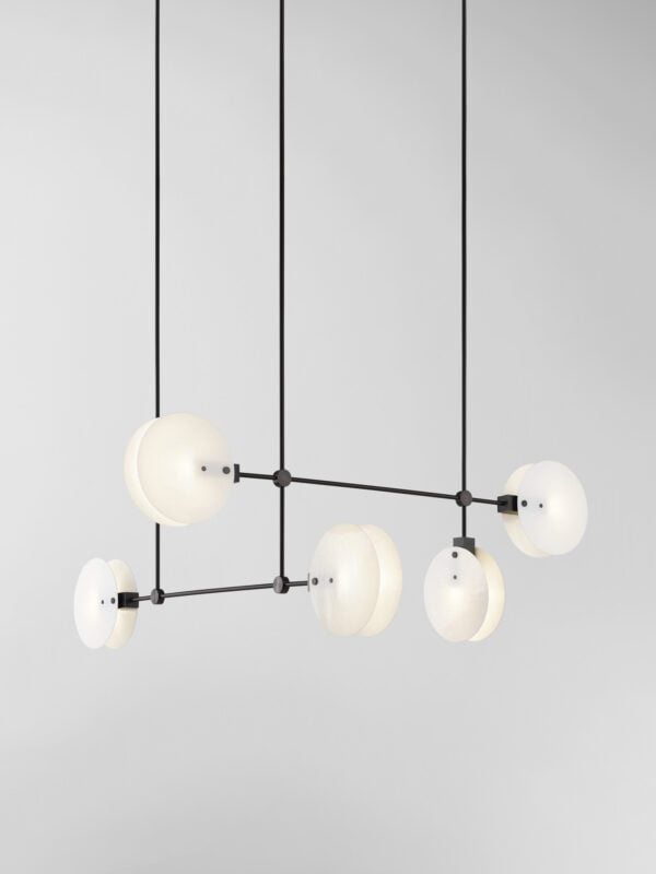 Nebulae Horizontal Chandelier | 5 Shades - Black Anodised, White Pearl Glass